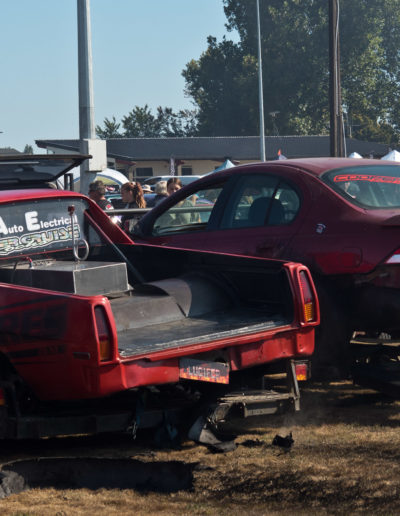 Burnout cars parked on trailers