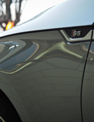 Close up of the left front guard and S5 badge
