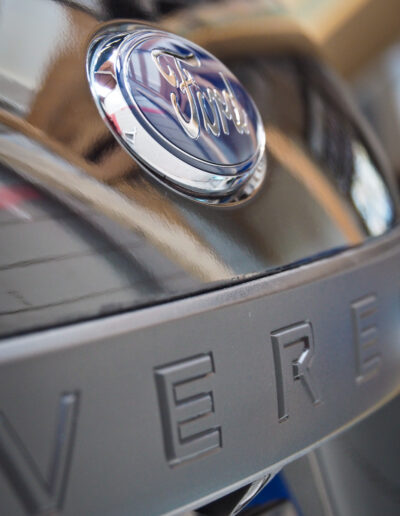 Close up of rear Ford Everest badge after coating applied