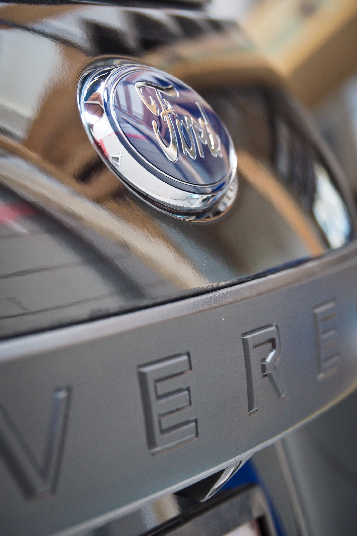 Close up of rear Ford Everest badge after coating applied